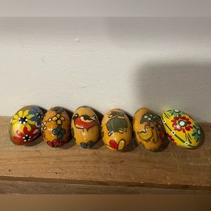 Vintage Hand Painted Hand Carved Wooden Decorative Eggs, Lot of 6